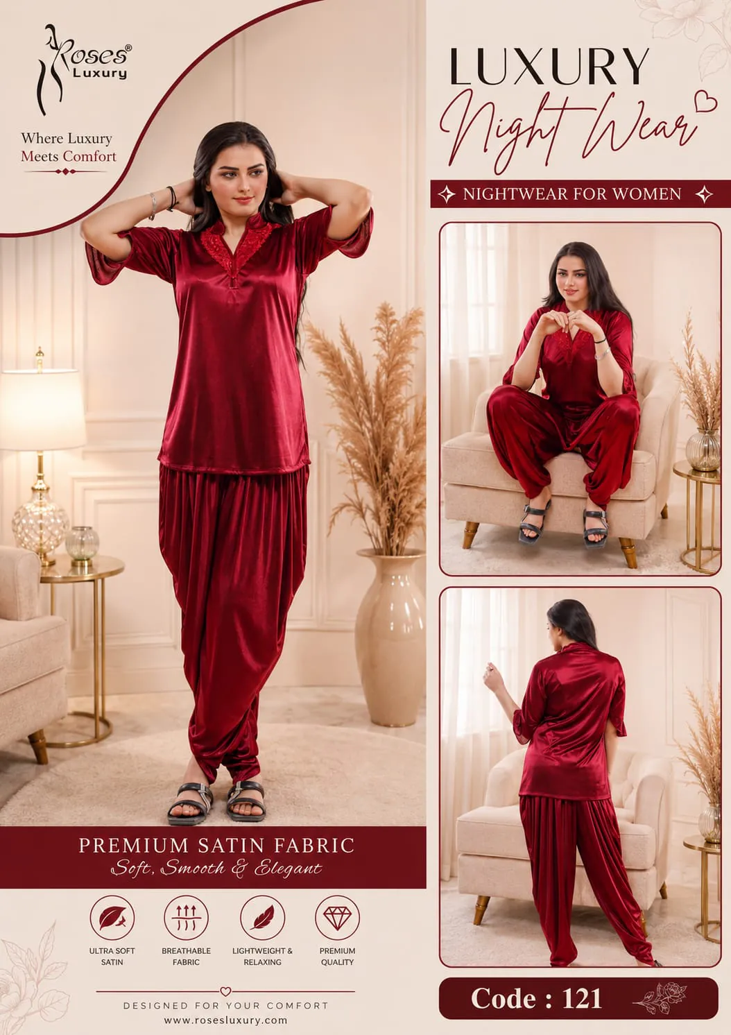 Relaxed Satin Pajama Set – Red ladies nightwear by Nightywear