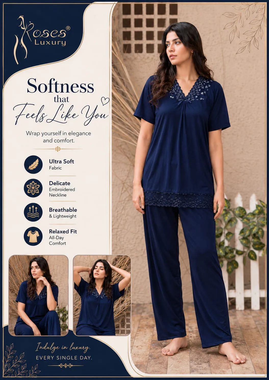 Softness Lace Trim Pajama Set – Navy Blue ladies nightwear by Nightywear