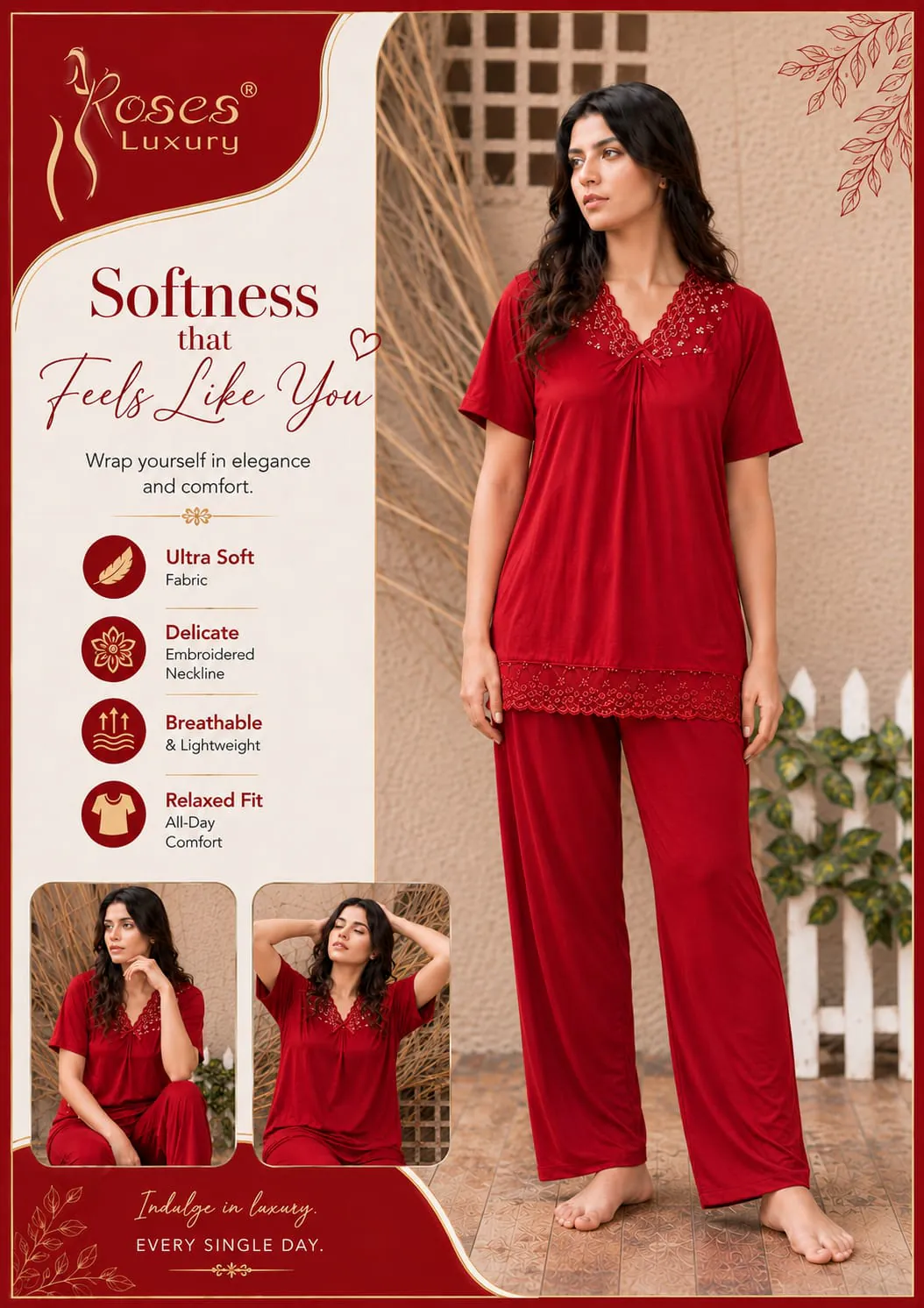 Softness Lace Trim Pajama Set – Red ladies nightwear by Nightywear